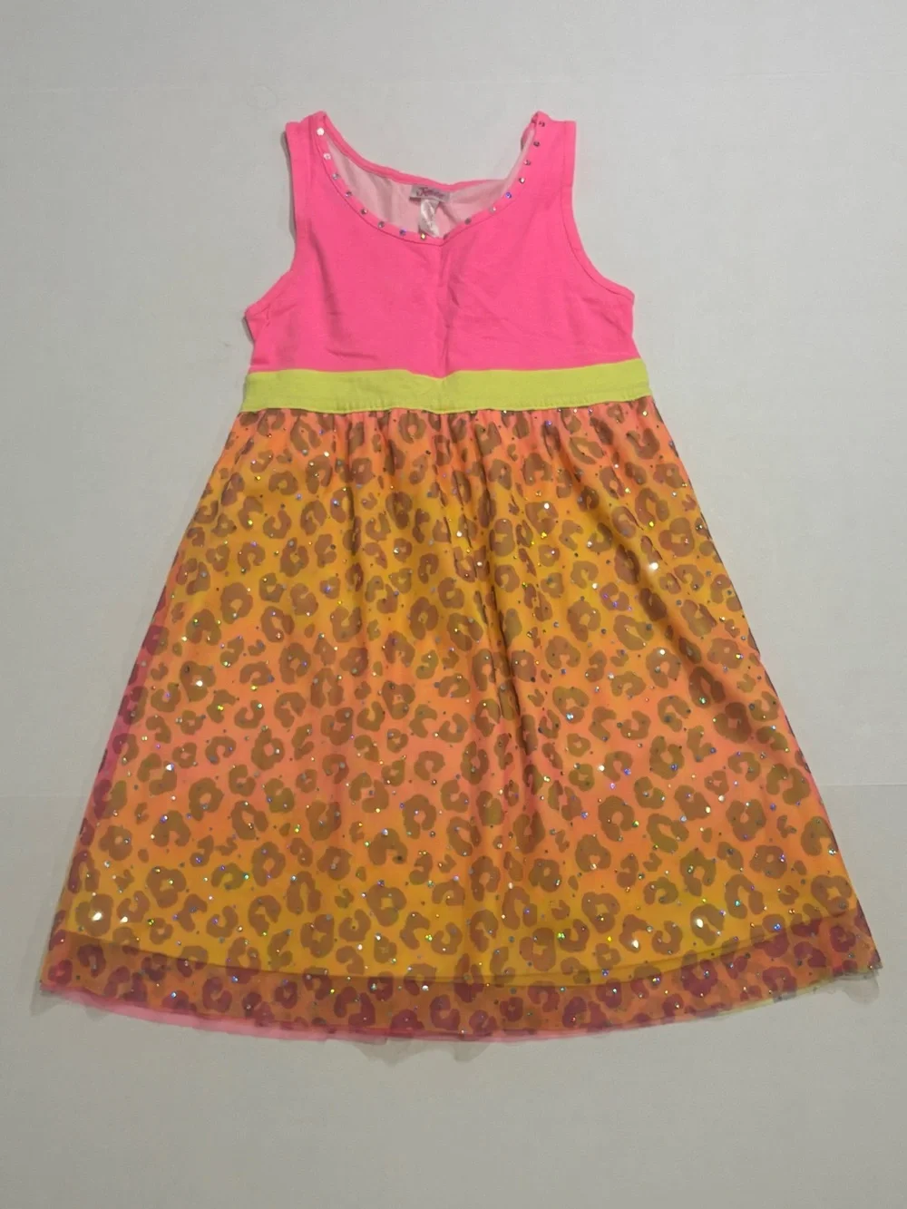 Justice Girls Pink Leopard Print Sequin Sundress Size 10 Sleeveless Knee Length